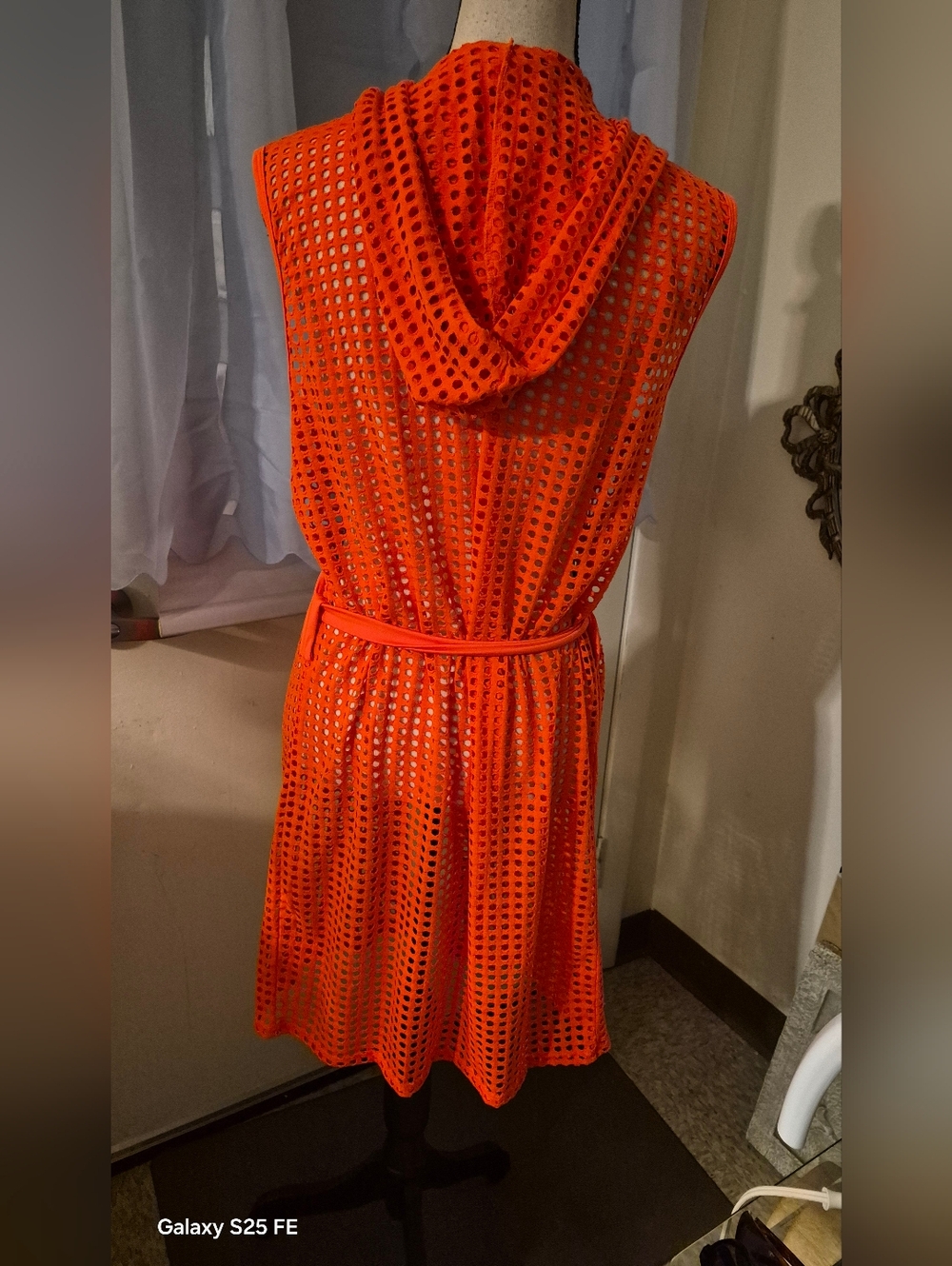 WOXUAN Neon Orange Open Front Eyelet Mesh Hooded Beach Coverup/Duster & Belt - Picture 2 of 10